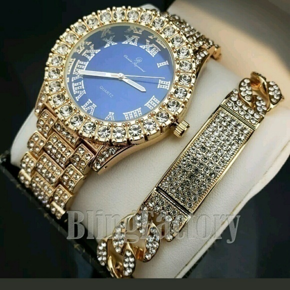 MEN'S ICED HIP HOP BLUE FACE WATCH & FULL ICED NEC - Picture 2 of 8